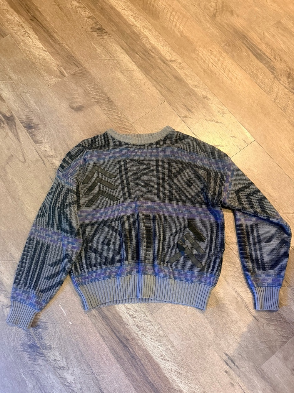Mens Geometric Crewneck Sweater - Gray with Black & Purple Accents